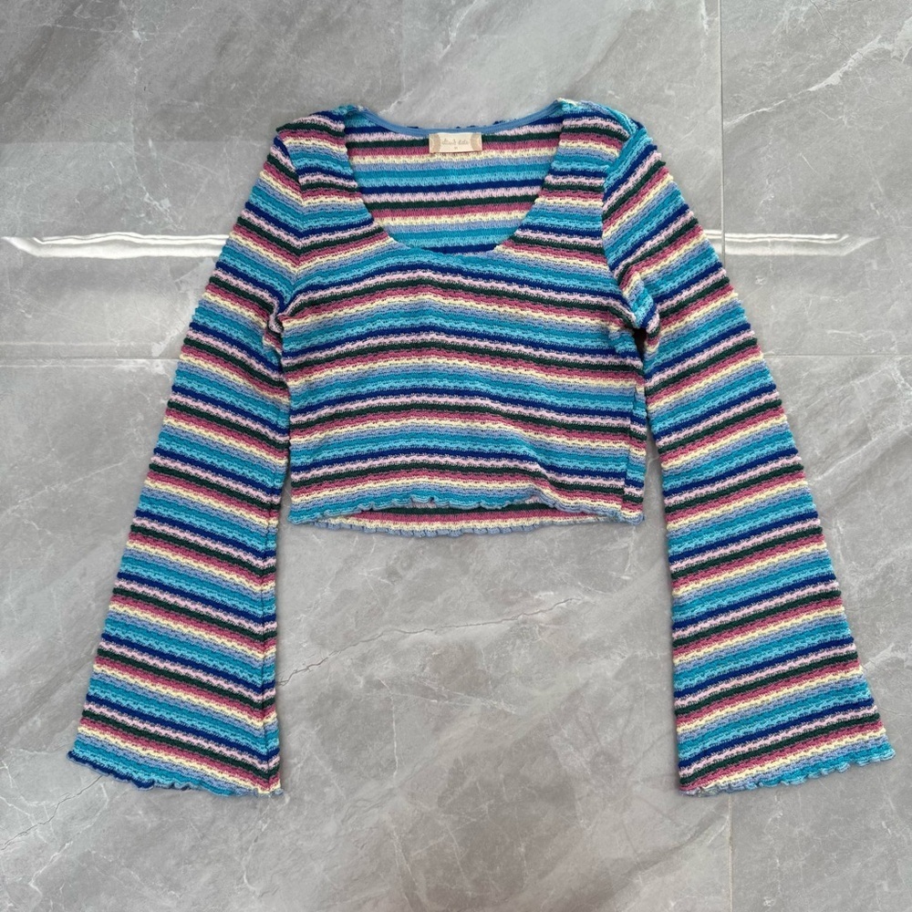 Women’s Altar’d State Cropped Bell Sleeve Ruffle Hem Knit Striped Sweater Medium